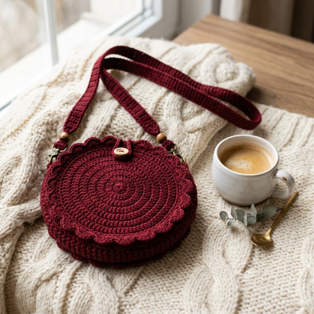 Crochet bag and coffee cup on knitted blanket
